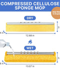 Commercial Sponge Mop With Stainless Steel Extendable Handle And Two Compressed Cellulose Heads For Heavy Duty Home And Business Cleaning Designed To Blast Through Floor Grime And Make Tackling Tile Or Hardwood Floors A No Sweat Gig, showing dry and wet sponge dimensions.