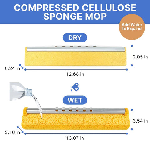 Commercial Sponge Mop With Stainless Steel Extendable Handle And Two Compressed Cellulose Heads For Heavy Duty Home And Business Cleaning Designed To Blast Through Floor Grime And Make Tackling Tile Or Hardwood Floors A No Sweat Gig, showing dry and wet sponge dimensions.