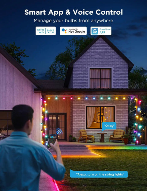 Two-Set 144-Foot Smart Outdoor String Lights With Dimmable Warm White LEDs, app and Alexa control on house
