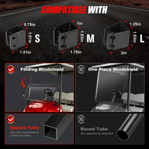 Image showing compatibility sizes for Universal Golf Cart Mirrors Offering HD Wide Angle Shatterproof Glass for EZGO.