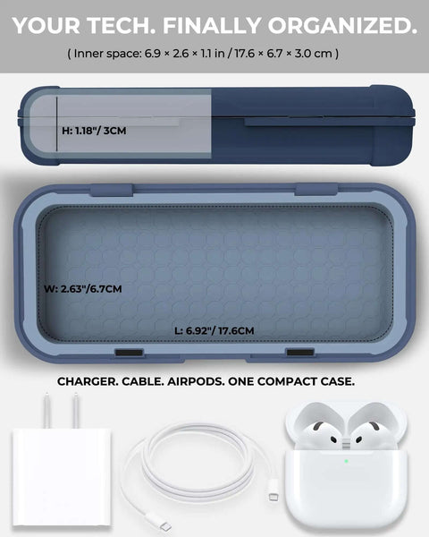Clutch Tech Organizer Case With Magnetic Abs Build And Smooth Silicone Tray For Straight Up Cable Sorting and dimensions with charger.