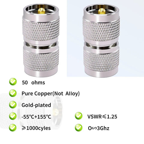 Two Pack UHF PL259 Connector Adapter, UHF Male To UHF Male Coaxial Adapter With Gold Plated Pins, 50 Ohm, product details visible