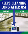 Before and after cleaning comparison using Spray And Walk Away Hose End Sprayer Kit 64 Ounce Three Pack Outdoor Surface Cleaner for Lichen Moss and Algae No Pressure Washing Needed Easy DIY Exterior Restoration Safe On Concrete Wood And Stone against house siding