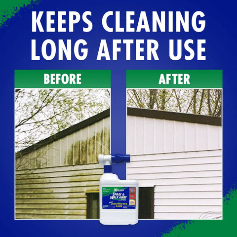 Before and after cleaning comparison using Spray And Walk Away Hose End Sprayer Kit 64 Ounce Three Pack Outdoor Surface Cleaner for Lichen Moss and Algae No Pressure Washing Needed Easy DIY Exterior Restoration Safe On Concrete Wood And Stone against house siding