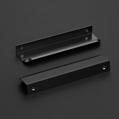 Close-up of 10 Pack Black Finger Edge Pulls For Cabinets And Drawers, 5.9 Inch Length 150mm With 5 Inch Hole Center 128mm, matte black finish.