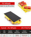 Heavy Duty Industrial Swivel Skates Move Heavy Machines Smoothly With 8 Ton Or 12 Ton Capacity PU Rubber Or Steel Wheels For Warehouse Factory And Furniture Relocation Projects Now, showing PU wheels on a yellow dolly.