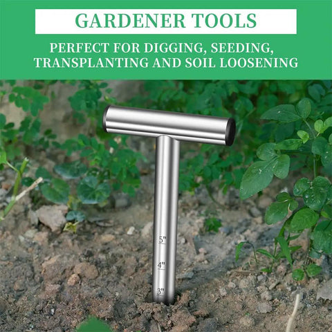 Hand Dibber And Seed Planter Tool For Bulbs And Seeds Garden Hole Digger For Seedlings Tulips Daffodils Crocus Stainless Steel Planting Tool With Easy Grip Handy Hand Held Bulb Planter For Precise Clean Seedling Insertion shown in soil with depth marks