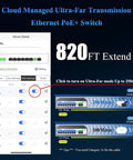 Interface of Eight Port 100Mbps PoE Switch With Dual Gigabit Uplink 120W Power Budget showing 250M extend mode and settings.