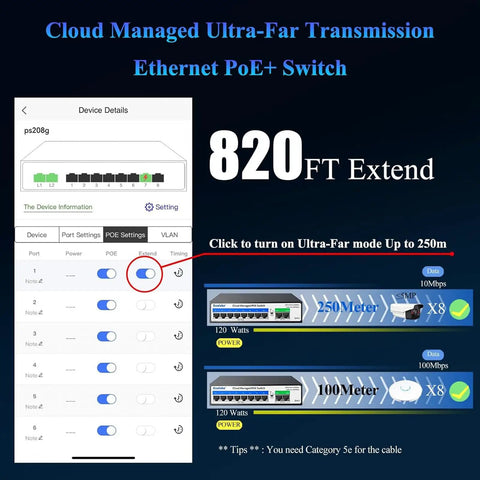 Interface of Eight Port 100Mbps PoE Switch With Dual Gigabit Uplink 120W Power Budget showing 250M extend mode and settings.