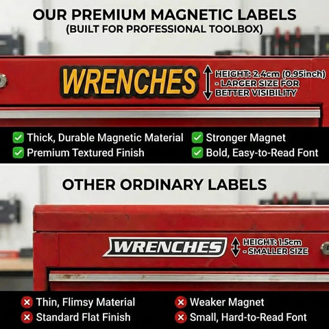 Comparison of huge 15 pack magnetic toolbox labels with bold readable text, showing size and visibility differences on steel chests.