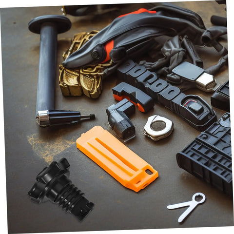 Assorted auto parts including Durable Plastic Spare Tire Hold Down Bolt For Secure Mounting shown among tools and accessories.