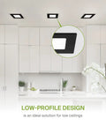 Modern kitchen with installed 12 Pack LED Square Recessed Ceiling Lights 4 Inch Ultra Slim Canless Wafer Downlights, black trim.