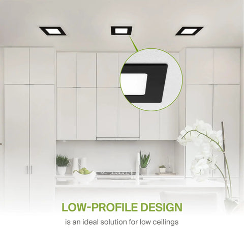 Modern kitchen with installed 12 Pack LED Square Recessed Ceiling Lights 4 Inch Ultra Slim Canless Wafer Downlights, black trim.