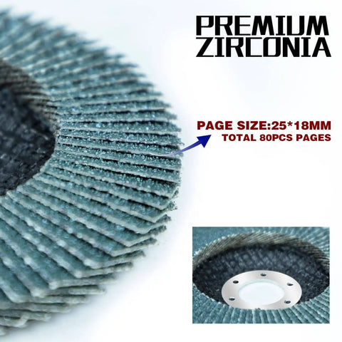 Close-up of 100 Pack Zirconia Flap Discs 40 Grit 4.5 Inch By 7/8 Inch Bevel Type 29 Premium Industrial Grade Angle Grinder Grinding Wheel
