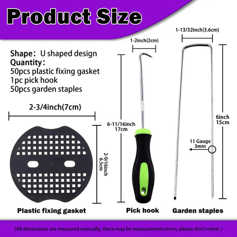 U-Shaped Landscape Stakes and Plastic Fixing Gasket Kit 201-Piece, featuring plastic gasket, pick hook, and garden staples dimensions