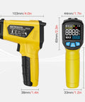 Non Contact Infrared Thermometer Gun With Adjustable Emissivity And Max Readout, Laser Guided 13 Point System, Temperature Range From -58F To 1472F, Pro Grade Temp Gun For Cooking, Freezer, Pizza, HVAC And Quick Surface Readouts, yellow with dimensions