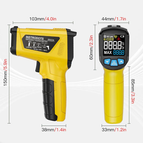 Non Contact Infrared Thermometer Gun With Adjustable Emissivity And Max Readout, Laser Guided 13 Point System, Temperature Range From -58F To 1472F, Pro Grade Temp Gun For Cooking, Freezer, Pizza, HVAC And Quick Surface Readouts, yellow with dimensions