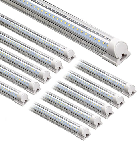 Eight Foot LED Shop Light Bar 72W 10000 Lm 5000K Daylight White V Shape Clear Cover High Output Linkable T8 Tube Light For Garage Plug Pack Of 10 Easy Install
