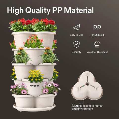 Five Tier Vertical Stackable Garden Planter For Strawberries Flowers Herbs And Veggies In Ivory Finish Space Saving Indoor Outdoor Planter Box You Can Stack Two To Five Levels Or Hang With Chains For Custom Growing showcasing colorful flowers in each tier made of high-quality PP material