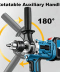Tough As Nails Two In One Cordless Drill And Cement Mixing Tool with rotatable auxiliary handle and blue design.