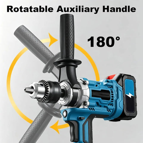 Close-up of the rotatable auxiliary handle on Cordless Drill and Cement Mixer with Two Speed Control, heavy duty power tool.