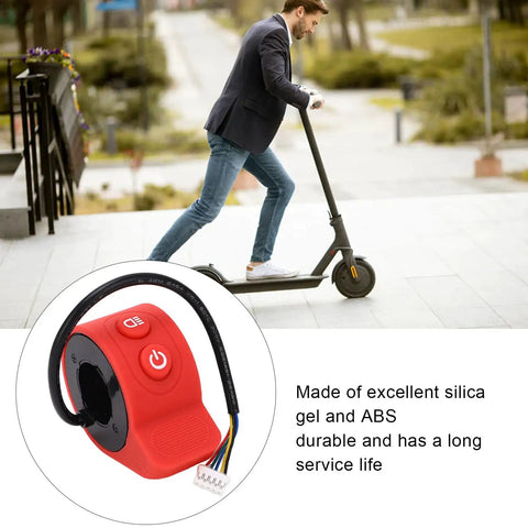 Man riding e-scooter with red Thumb Throttle Accelerator For Electric Scooters, Dope Precision Replacement, ABS Gel Convex Stripes