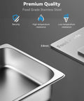 Close-up of Six Pack Hotel Pans One Third Size Four Inch Deep Steam Table Pan 22 Gauge Anti Jam Stainless Steel Durable