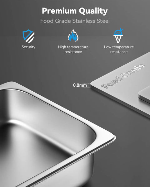 Close-up of Six Pack Hotel Pans One Third Size Four Inch Deep Steam Table Pan 22 Gauge Anti Jam Stainless Steel Durable