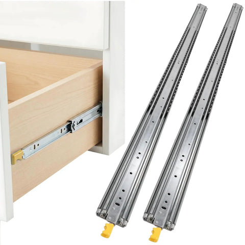 1 Pair 76 Inch Ball Bearing Drawer Slides Quiet Smooth Glide Side Mount Cabinet Runners With Safety Locking Mechanism For RVs And Home Use Easy Install Locks Only When Fully Closed Or Fully Extended. Side-mount steel slides on a drawer and paired rails