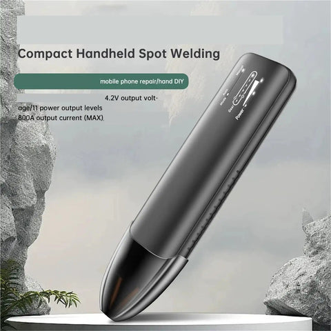 Portable Handheld Spot Welder For DIYers, 11 Gear Adjustable, shown on a stand, sleek black design, for home workshop use.