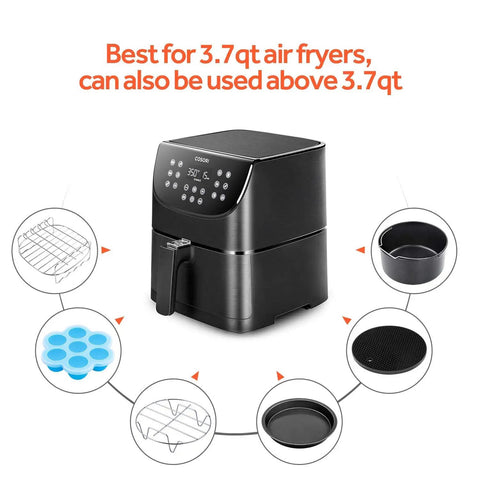 Six Piece Air Fryer Accessory Set For 3.7 Qt And Larger Ovens Including Cake Pan, Pizza Pan, Skewer Rack, Metal Holder, Black