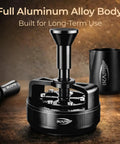 Kick Up Your Espresso Game With This Heavy Duty 58mm WDT Tool Featuring 14 Micron Needles To Crush Clumps And Stop Channeling Auto Rotate Grip Adjustable Depth Magnetic Dock Home Setup Essential with aluminum alloy body.