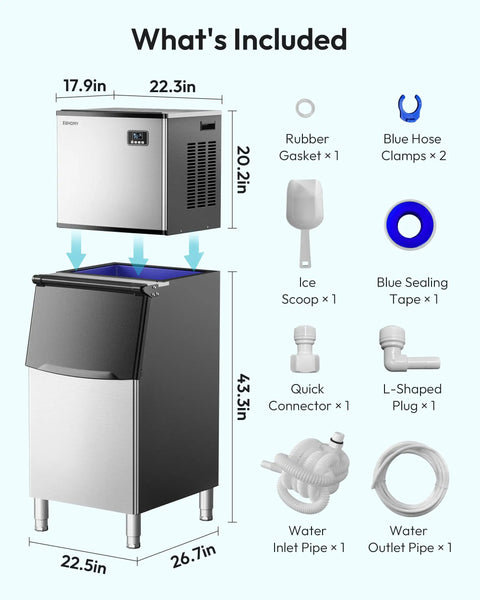 Game Changing Commercial Ice Maker That Smoothly Drops 400 Pounds Daily With Spacious 250 Pound Bin and included accessories.