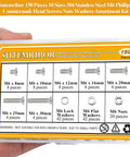 Hand holding 150 Piece M6 Countersunk Phillips Machine Screws Nuts Washers Set For 304 Stainless Steel Fully Threaded Assortment Kit M6 X 8/10/12/16/20/25/30mm Home DIY Projects And Quick Fixes box with contents displayed