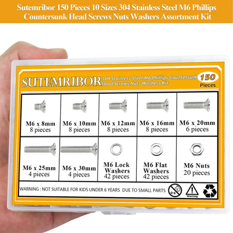 Hand holding 150 Piece M6 Countersunk Phillips Machine Screws Nuts Washers Set For 304 Stainless Steel Fully Threaded Assortment Kit M6 X 8/10/12/16/20/25/30mm Home DIY Projects And Quick Fixes box with contents displayed