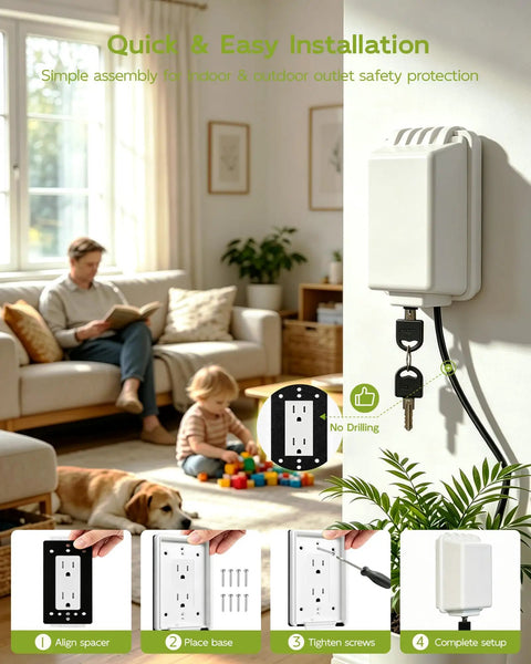 Lockable Waterproof Outdoor Electrical Outlet Cover Box With Key And Drip Proof Weather Shielding For Standard Sockets, set up indoors with child.