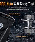 Close-up of dacromet-coated hardware and zinc-plated brackets showcasing 1000-hour salt spray resistance test in wet conditions.