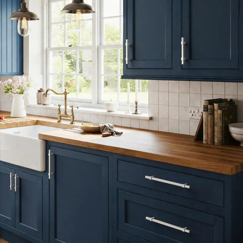 5 Inch Brushed Satin Nickel Cabinet Pulls Built Tough Zinc Alloy Heavy Duty Kitchen Handles Drawer Pulls Hardware For Cabinets Cupboards Dressers Wardrobes Modern Rustic Home Renovation on blue kitchen cabinets