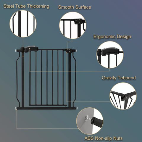 Diagram of extra tall and extra wide baby gate for stairs and doorways pressure mounted walk through gate for babies and pets heavy duty metal gate