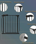 Diagram of Extra Wide Walk Through Baby Gate for stairs and doorways 30 inch tall showing features like thick steel tubes and ergonomic design.