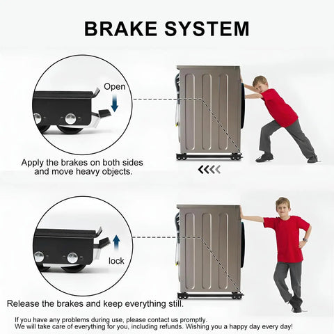 Triharyar Heavy Duty Appliance Rollers with 360 Degree Swivel Wheels demonstrating brake system for safe appliance movement.