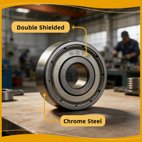 Close-up of 627ZZ double shielded chrome steel bearing from 60 Piece Deep Groove Ball Bearing Assortment Kit for 3D printers.