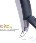 EZ Squeeze One-Hole Paper Punch Pack of 3 showing easy-clean chip tray with paper waste, gray and blue finish.