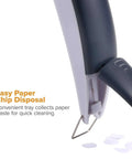 Close-up of Pack Of 5 EZ Squeeze One-Hole Punch Set With 10 Sheet Capacity, lightweight gray blue handle and easy clean chip tray.