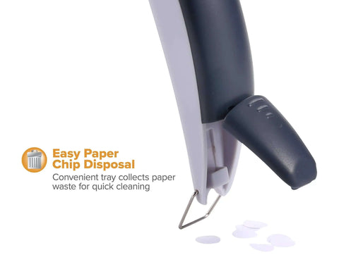 Close-up of Pack Of 5 EZ Squeeze One-Hole Punch Set With 10 Sheet Capacity, lightweight gray blue handle and easy clean chip tray.