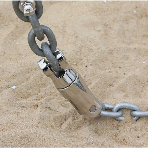 Rock Solid Multi-Directional Anchor Swivel Connector In 316 Stainless Steel For One Quarter To Five Sixteenth Inch Chain on sand