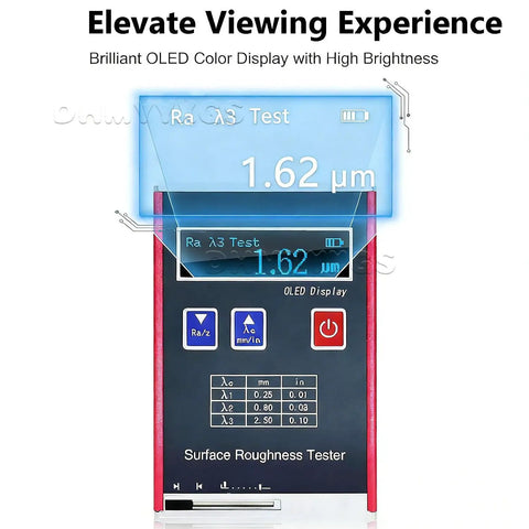 Digital Roughness Tester And Portable Profilometer With 0.01μm Precision LED Display Measuring Ra Rq Rz Rt shown close-up