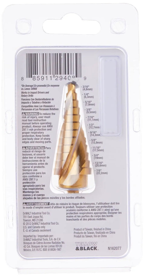 Impact Ready Titanium Nitride Step Drill Bit 3/16 To 7/8 Inch With 2 Flute Spiral Split Point in packaging