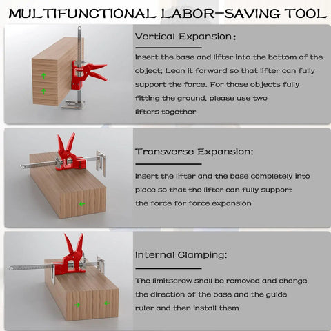 Zero Sweat Boss Approved Arm Jack For Labor Saving Furniture Lifter Tool With Ergonomic Leverage For Easy Couch Moves And Apartment Relocation Multipurpose Hoist Kit demonstrating vertical and transverse expansion applications.