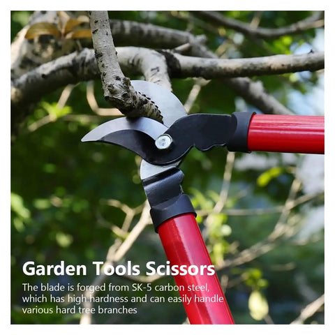 25 Inch Long Reach Pruning Shears For High Branches No Ladder Needed With Heavy Duty Blades For Coarse Wood On Bonsai Trees And Shrubs Clean, Smooth Cuts And Easy Swing For Quick Garden Pro Work. SK-5 carbon steel blades on a red handle cutting a branch.